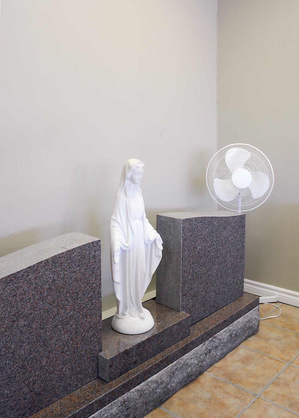 Adrienna Matzeg: Speakers; Blue Tarp; Surveillance; Flower Saddles; White Fan (from the series Why do we have Funerals?)